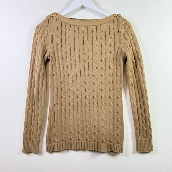 Lauren Ralph Lauren Sweaters - LAUREN Ralph Lauren Tan Cable‎ Knit Button Shoulder Boat Neck Sweater Size S